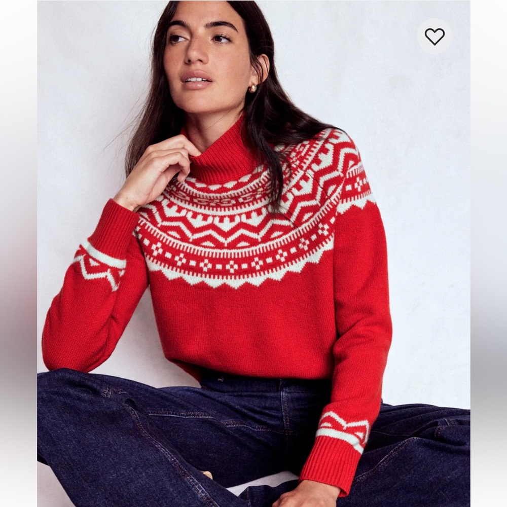 Boden Marion Merino Rib Neck Sweater Poppy Red Fair Isle small